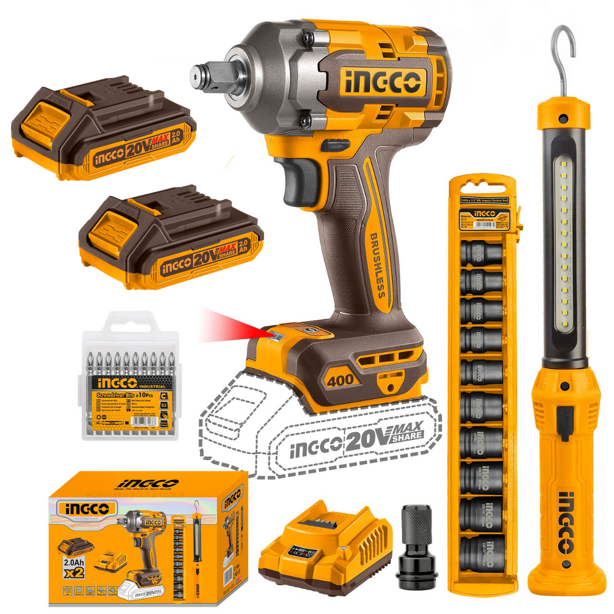 Special Ingco Cordless Impact Wrench 400Nm Work Lamp Combo kit Northern Bolt Tool