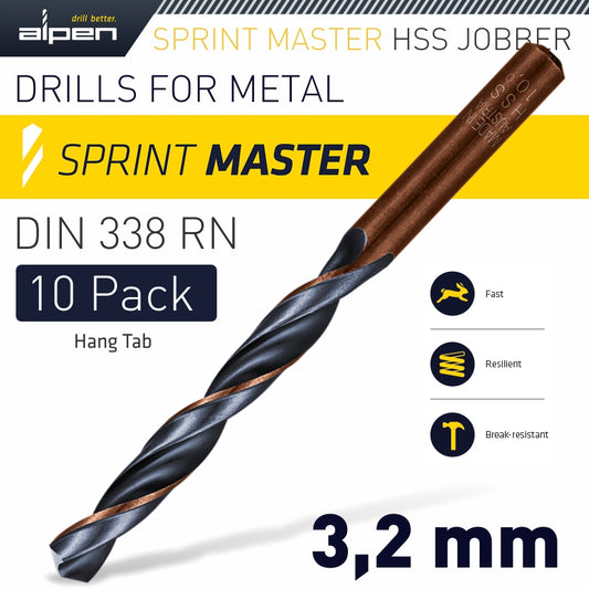 Alpen Hss Sprint Master 3.2Mm 10-Pack Hang Tag Din 338 Alpen Drill Bits