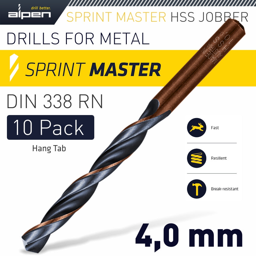 Alpen Hss Sprint Master 4.0Mm 10-Pack Hang Tag Din 338 Alpen Drill Bits