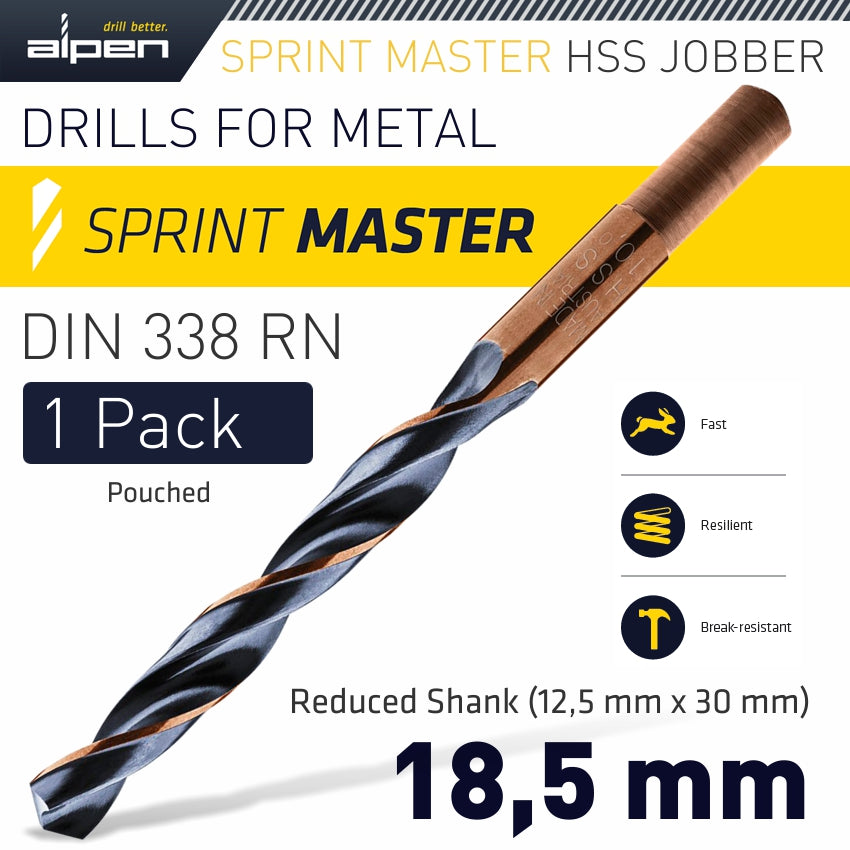 Alpen Hss Sprint Master 18.5Mm Red Shank 12.5Mm X1 Sleeved Din338 Alpen Dril