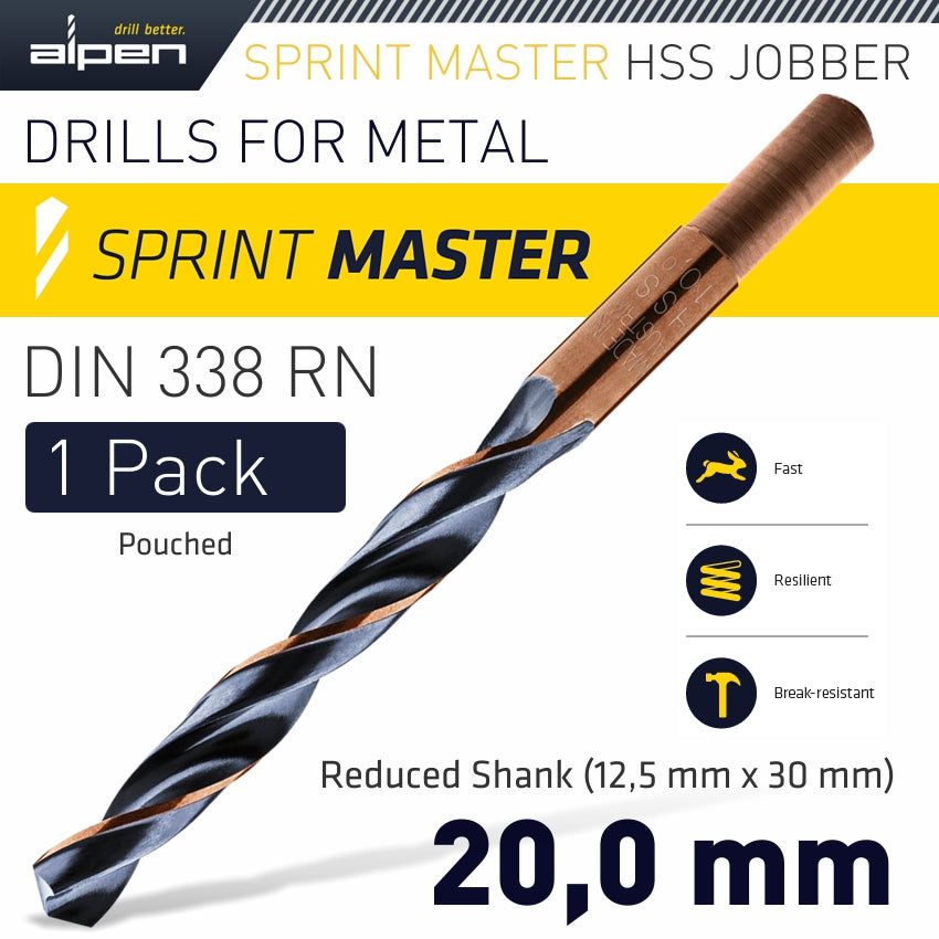 Alpen Hss Sprint Master 20.0Mm Red Shank 12.5Mm X1 Sleeved Din338 Alpen Dril