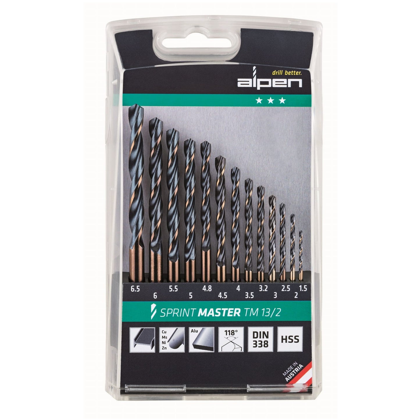 Alpen Hss Sprint Master Drill Bit Set 13 Piece  1.5-6.5 3.2+4.8 Tm13-2