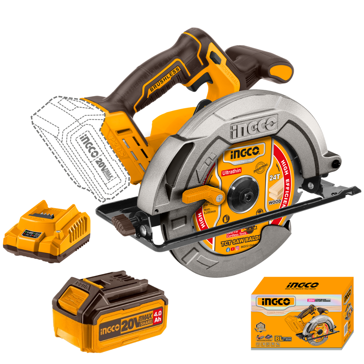 Ingco Cordless Circular Saw Brushless 185mm 20V Kit CSLI18511