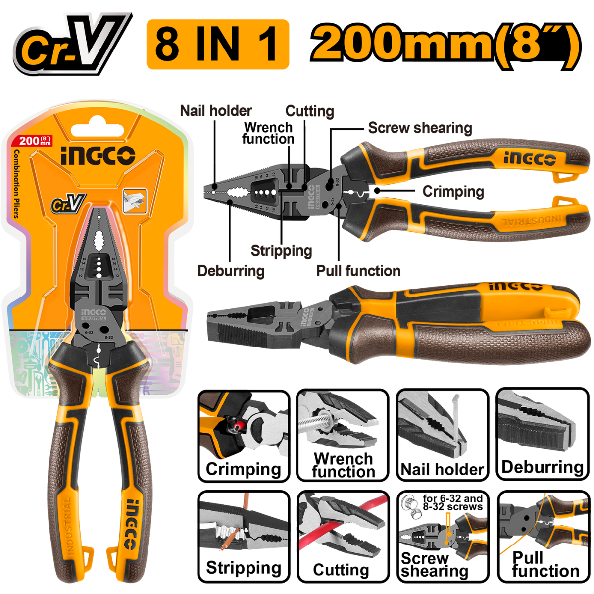 Ingco 8-in-1 Multi-Function Combination Pliers 200mm HMFCP28200