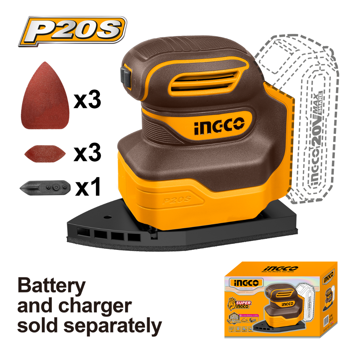 Ingco Cordless Palm Sander (Mouse/Delta Sander) 20V