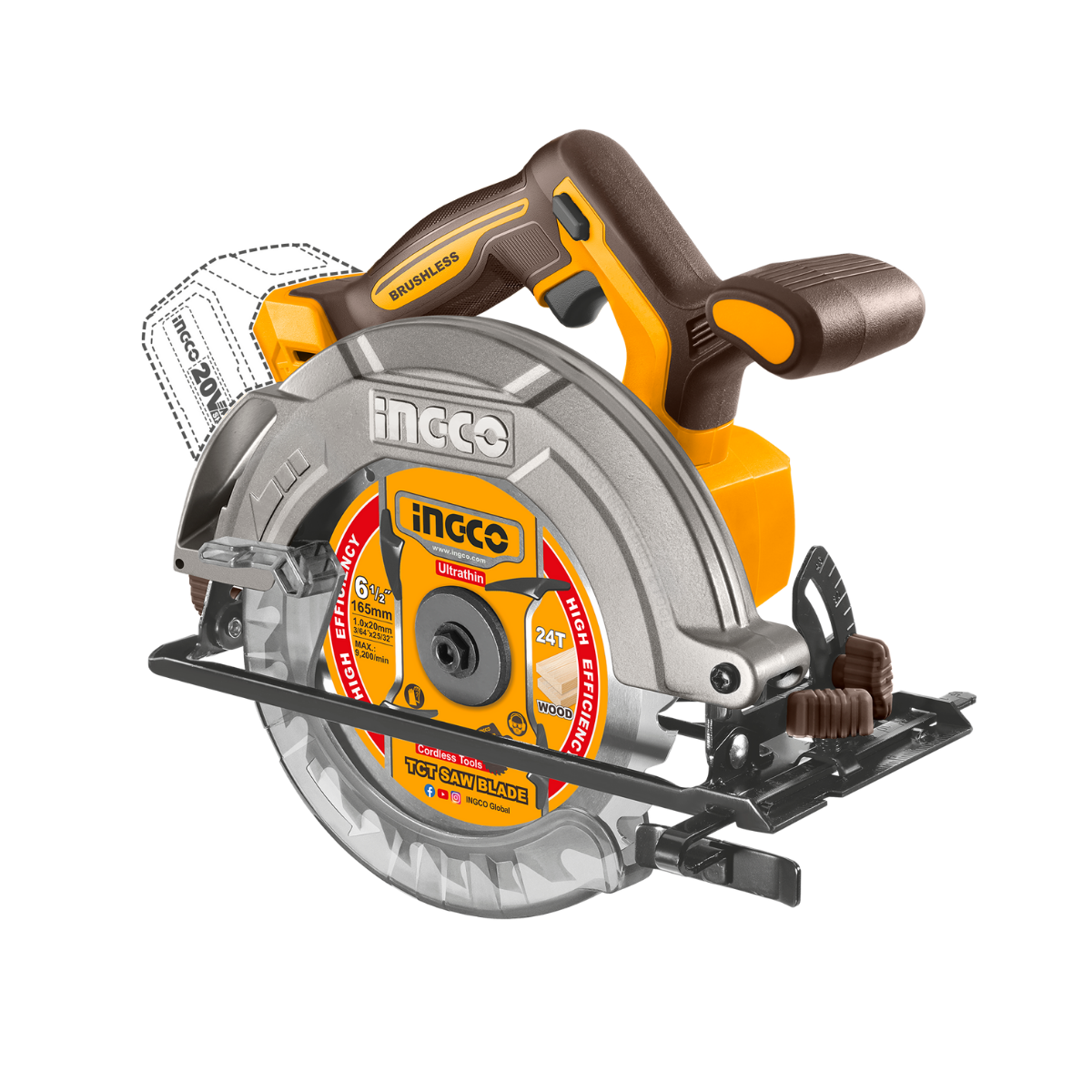 Ingco Cordless Circular Saw 165Mm 20V (Includes 165Mm Blade) CSLI1652