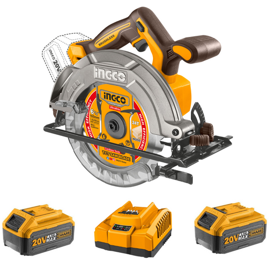 Ingco Cordless Circular Saw 165mm 20V (Includes 165mm Blade) Kit (Charger + 2x Battery (5AH) Incl.)