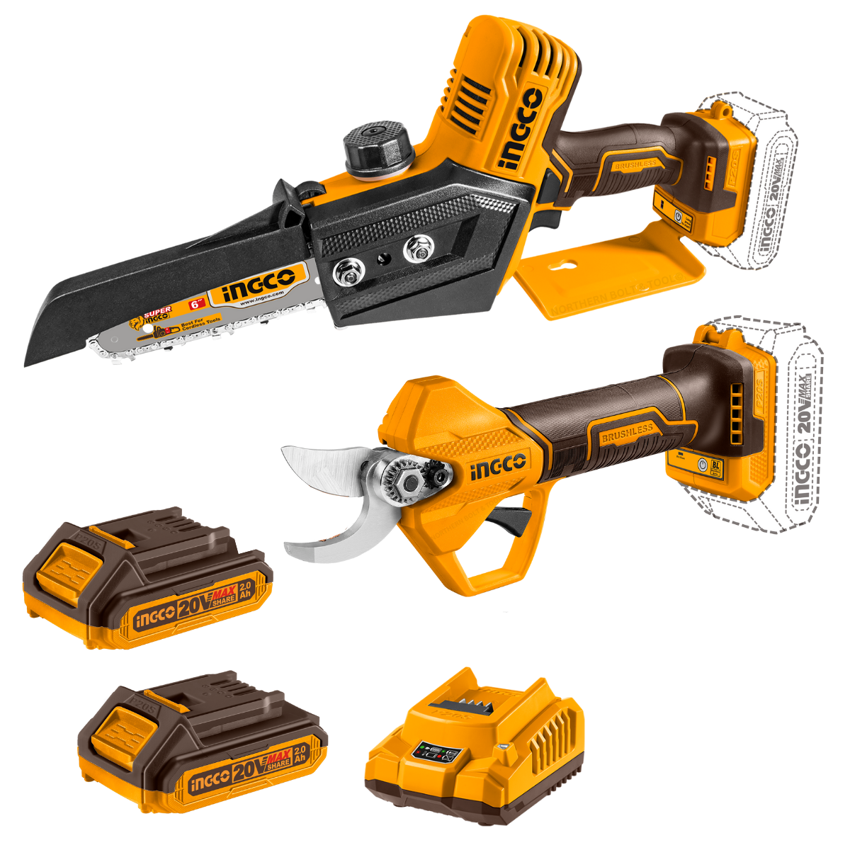 Ingco Cordless Mini Chain Saw & Straight Shear Kit COSLI240306