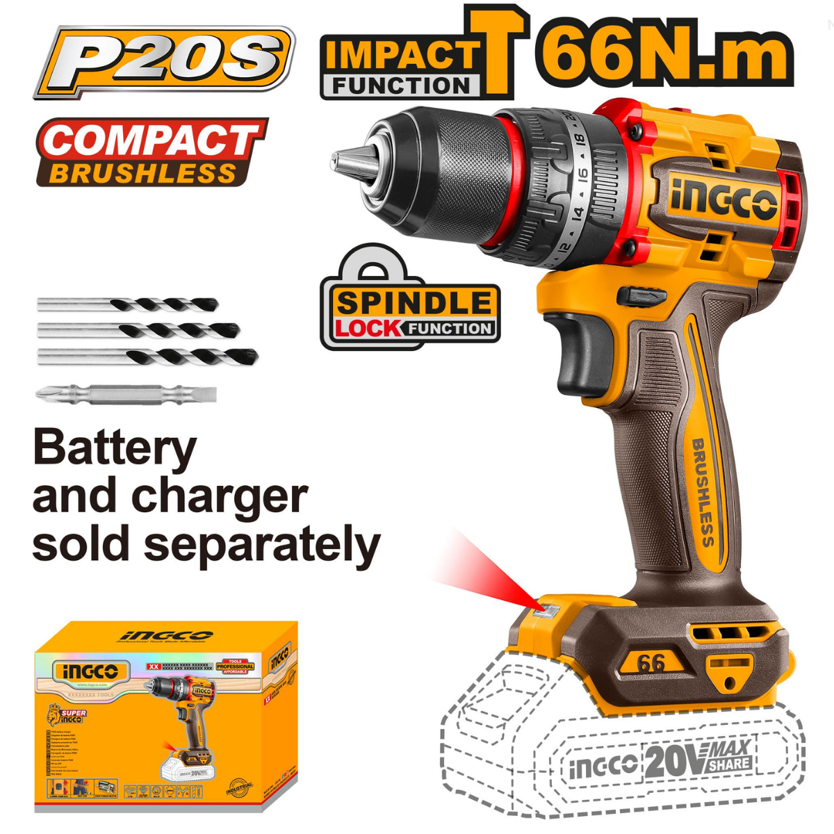 Ingco Cordless Impact Drill (Compact) 66Nm Brushless - Tool Only CIDLI206681