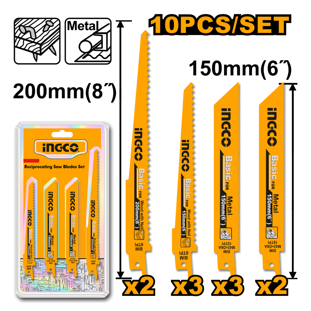 Ingco Reciprocating Saw Blade Set for Wood & Metal 10Pcs RSB1001