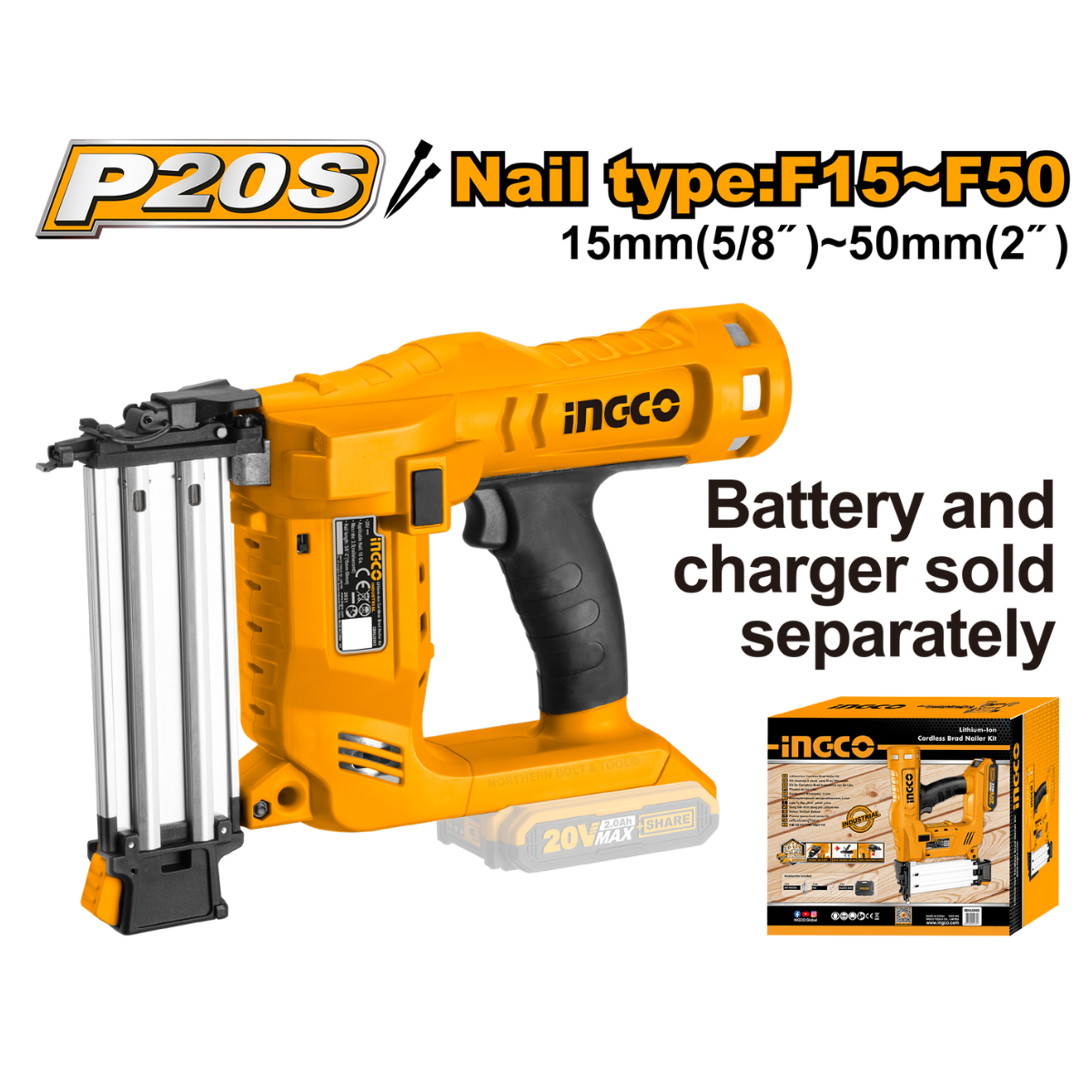 Ingco Cordless Brad Nailer 20V P20S Tool Only CBNLI2028