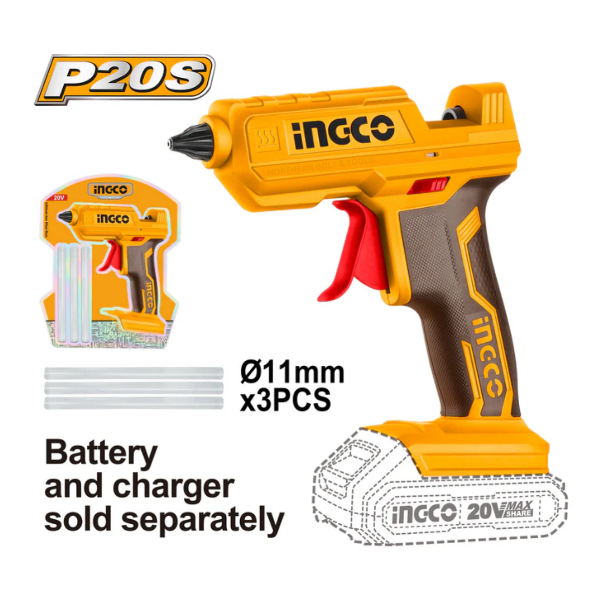 Ingco Cordless Glue Gun 20V With 3 Glue Sticks CGGLI2001