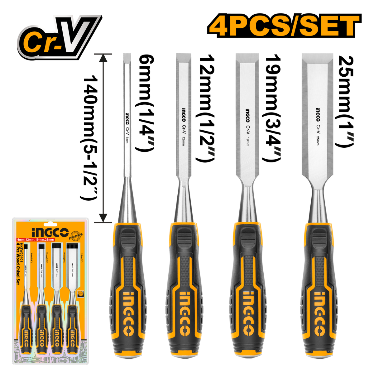 Ingco Wood Chisel Set Cr-V 140mm 4pc HKTWC0401