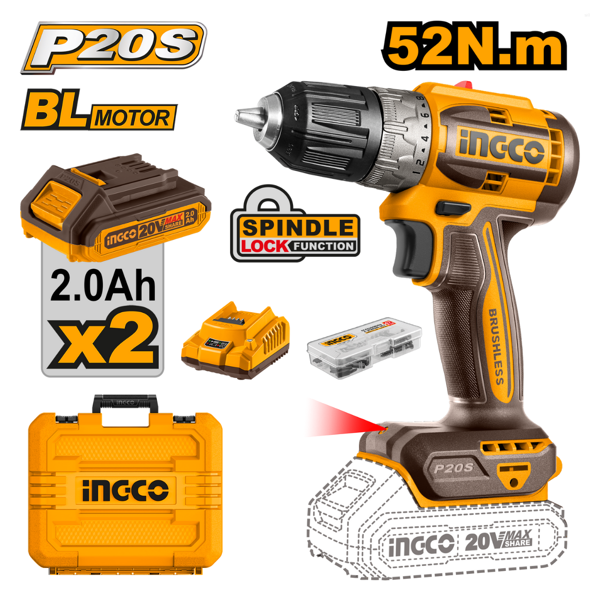 Ingco Cordless Drill 52Nm 20V Kit CDLI20453