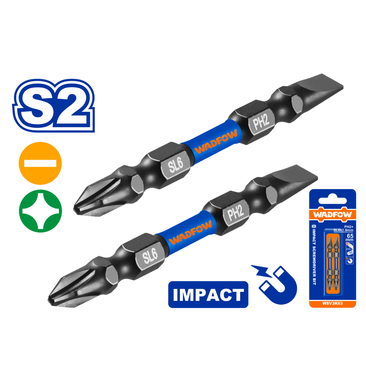 Wadfow Impact screwdriver bits PH2 SL6 65mm 2Pcs Northern Bolt Tool