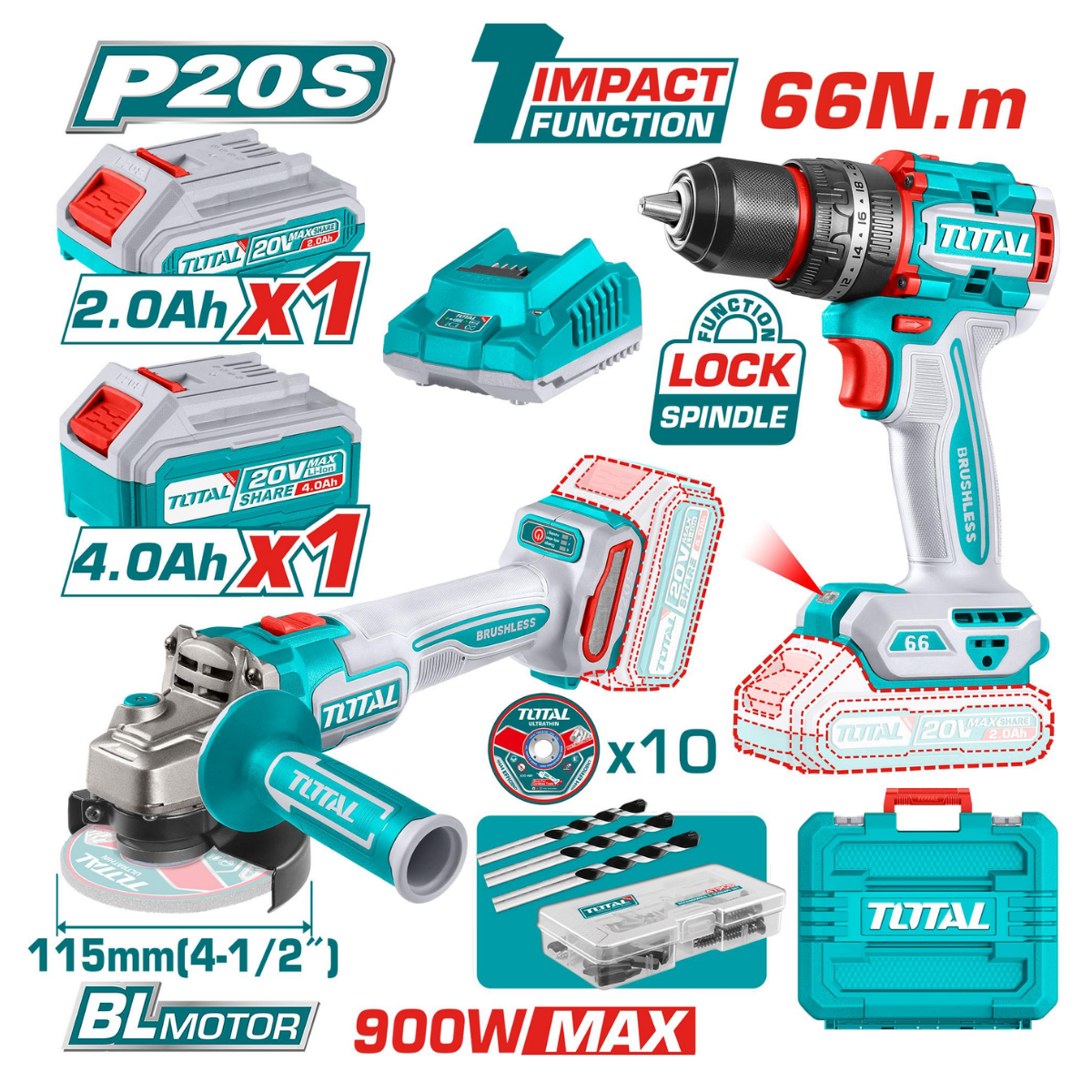 Total Cordless Impact Drill 66Nm and Angle Grinder 20V Combo Kit TCKLI20273