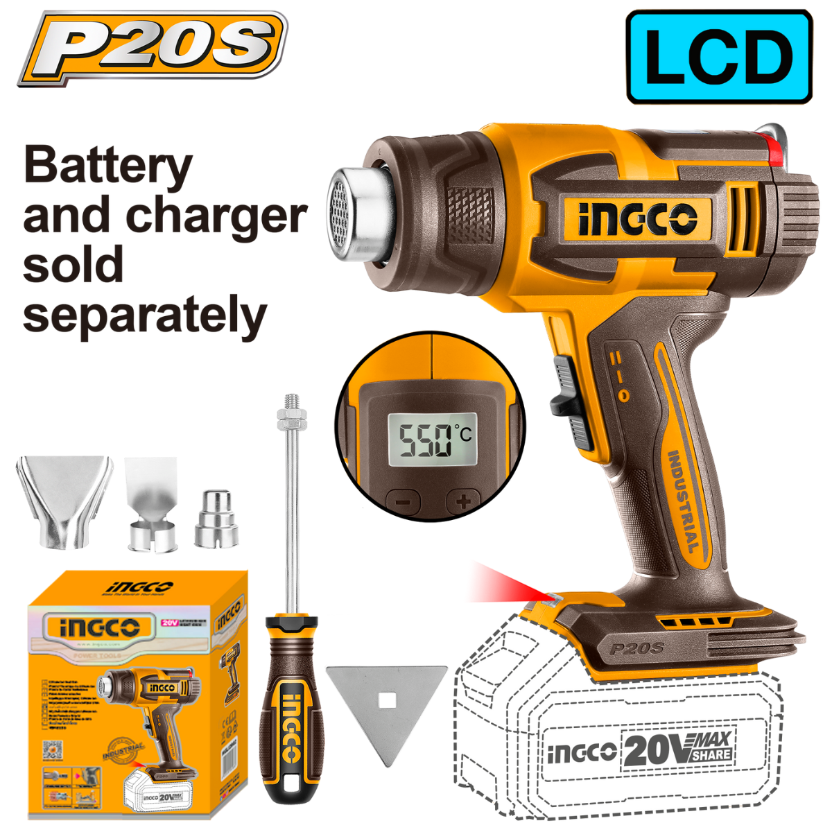 Ingco Cordless Heat Gun 20V with LCD screen (Tool Only) HGLI2003