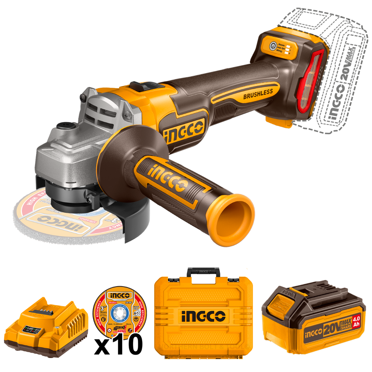 Ingco Cordless Angle Grinder Brushless 20V 115Mm Kit with Carry Case CAGLI211541