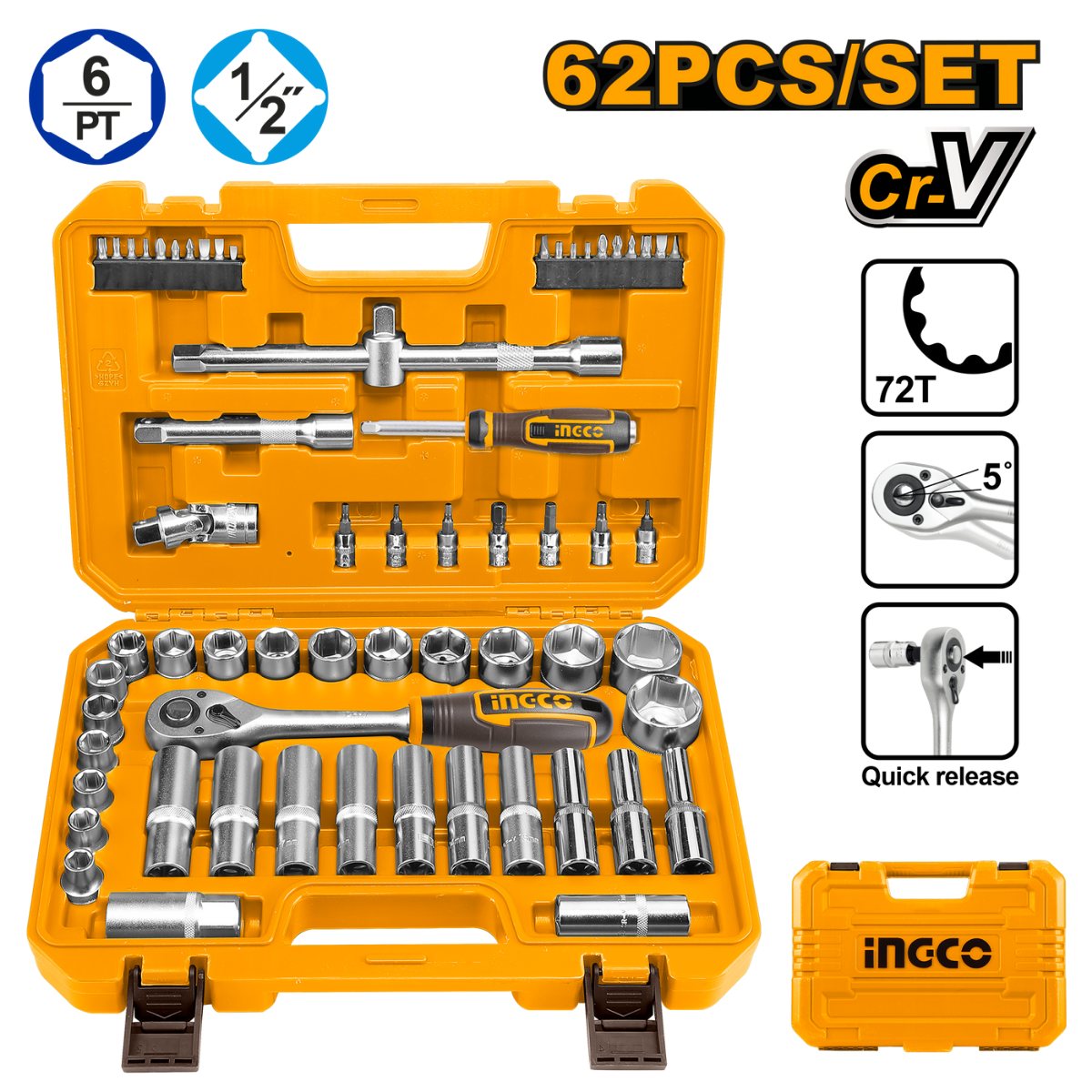 Ingco 62 Piece 1/2" socket set HKTS12602