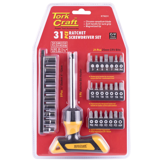 Tork Craft SCREWDRIVER RATCHET T-HANDLE BIT SET 31PC KT6231