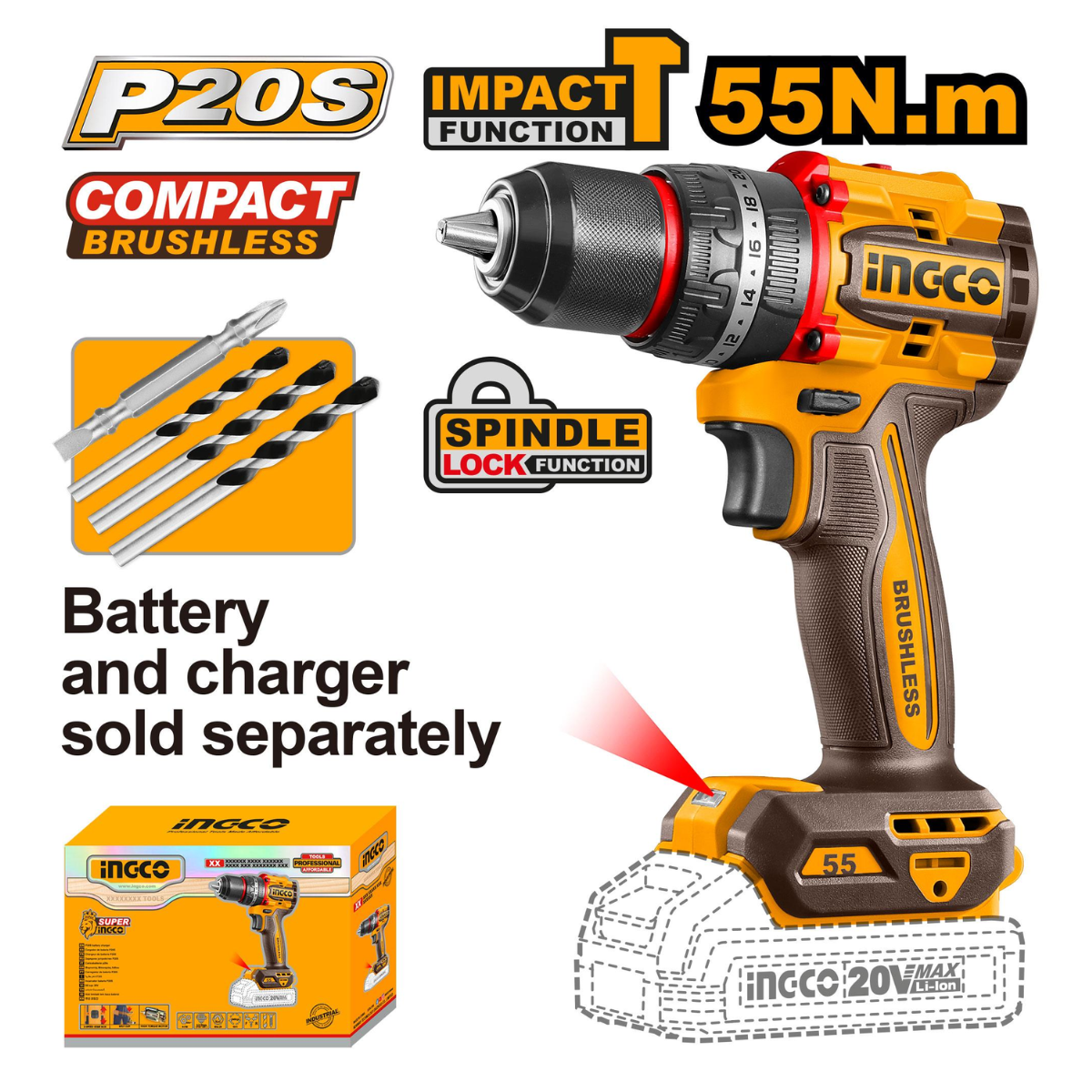 Ingco Cordless Impact Drill 55Nm Brushless 20V Compact (Tool Only) CIDLI205581