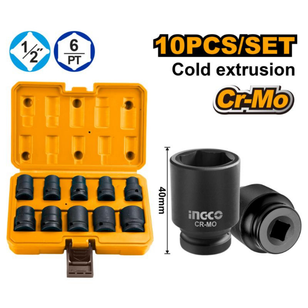 Ingco 1/2" Drive Impact Socket Set 10Pcs HKISSD12101