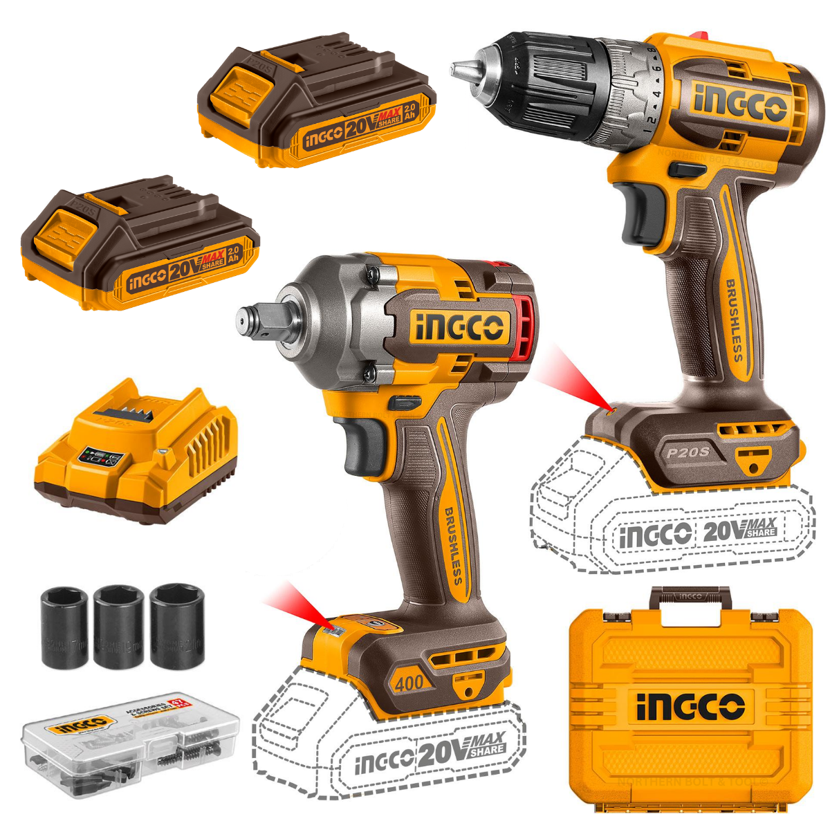 Ingco Cordless Drill & Impact Wrench Kit 20V CKLI20271