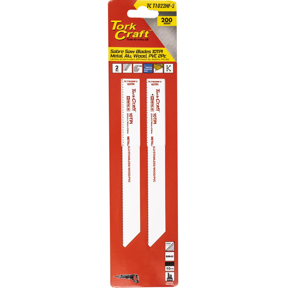 Tork Craft Sabre Saw Blade 200 X 2.5Mm 10Tpi Wood, Metal, Pvc,Al 2Pc