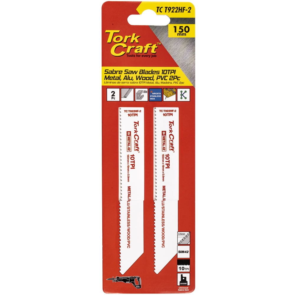 Tork Craft Sabre Saw Blade 150 X 2.5Mm 10Tpi Wood, Metal, Pvc,Al 2Pc