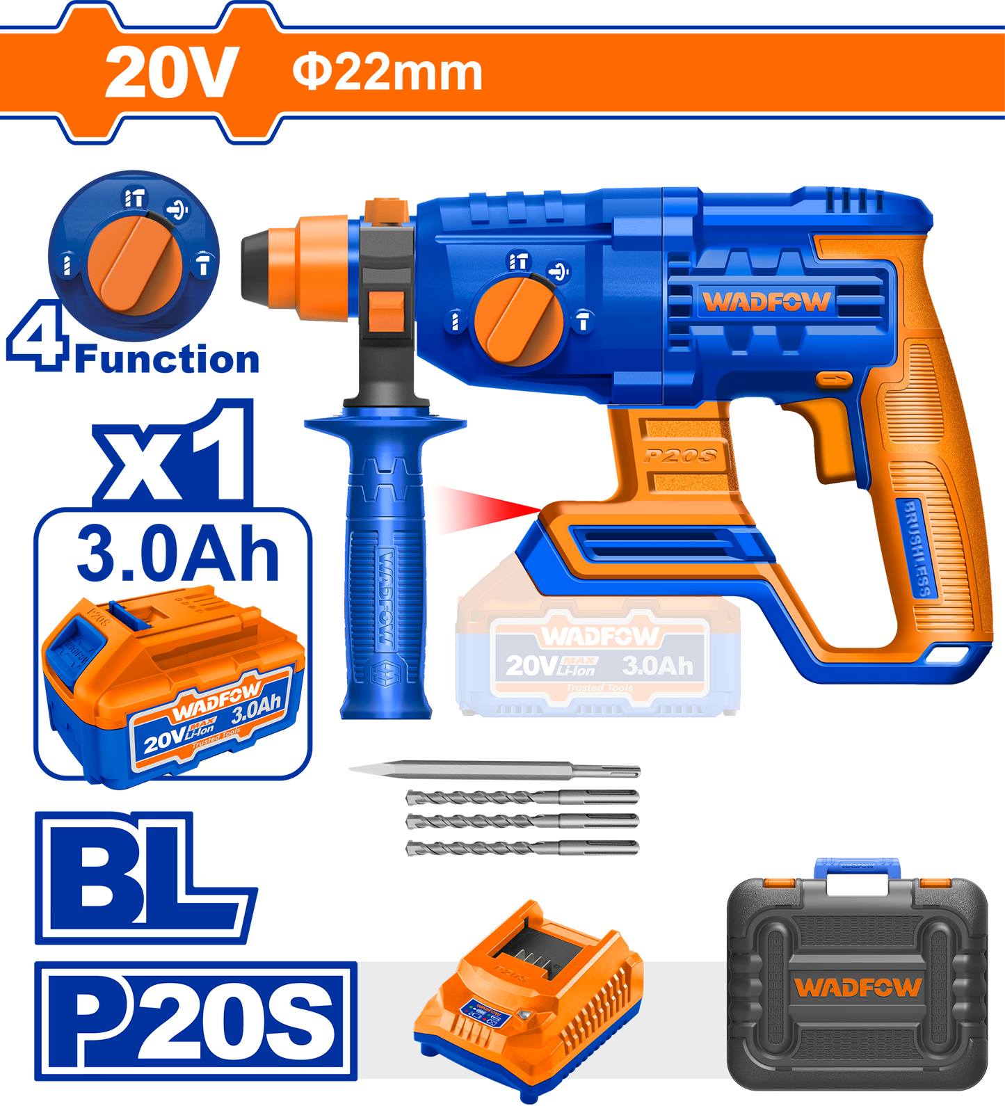 Wadfow Cordless Rotary Hammer Drill 20V Kit 