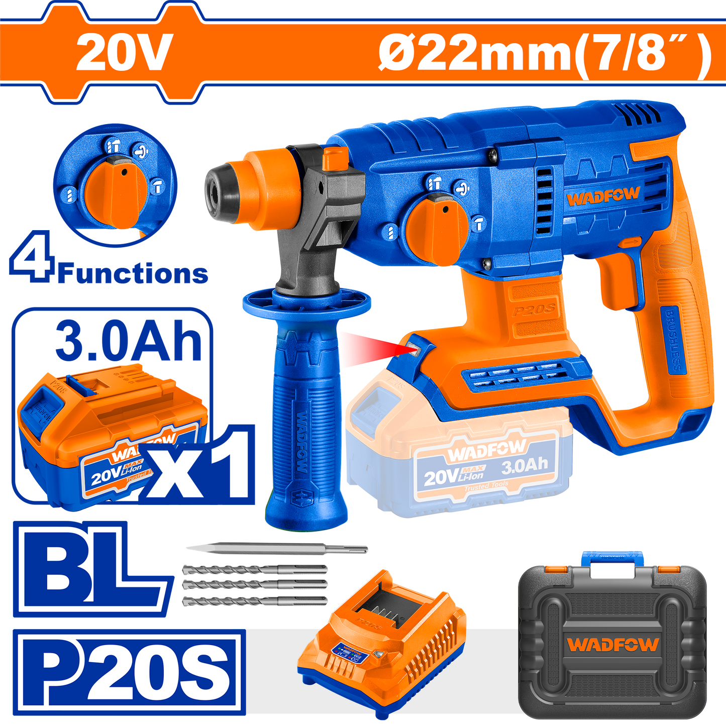 Wadfow Cordless Rotary Hammer Drill 20V Kit