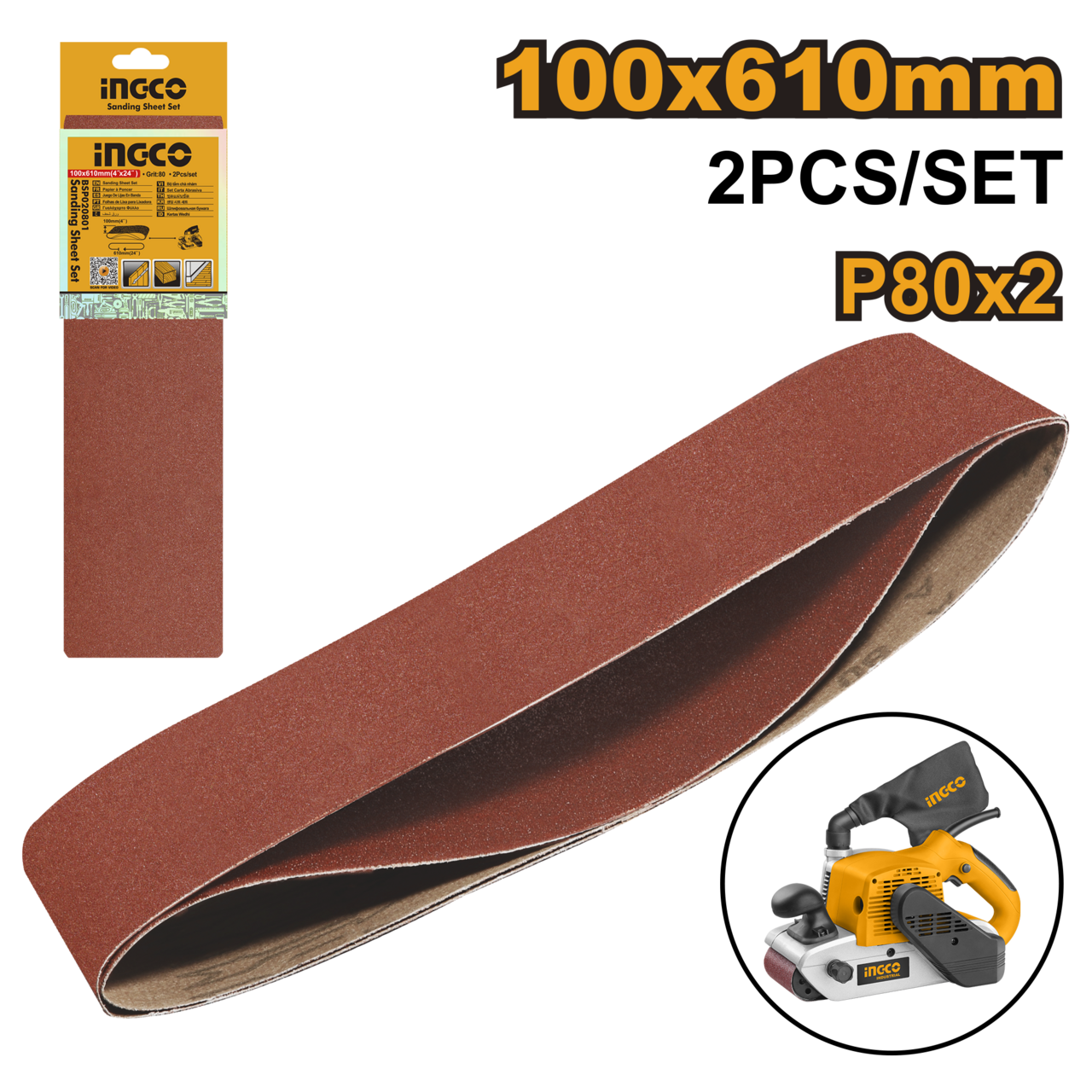 Ingco Sanding Belt 100mm X 610mm P80 2Pcs