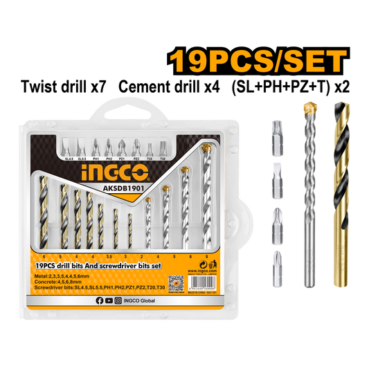 Ingco Drill And Screwdriver Bits Set 19 Pcs