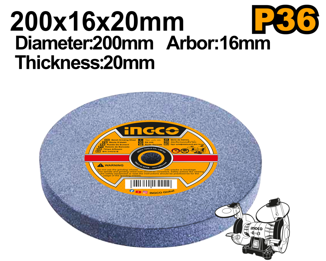 Ingco Bench Grinding Wheel 200mm P36