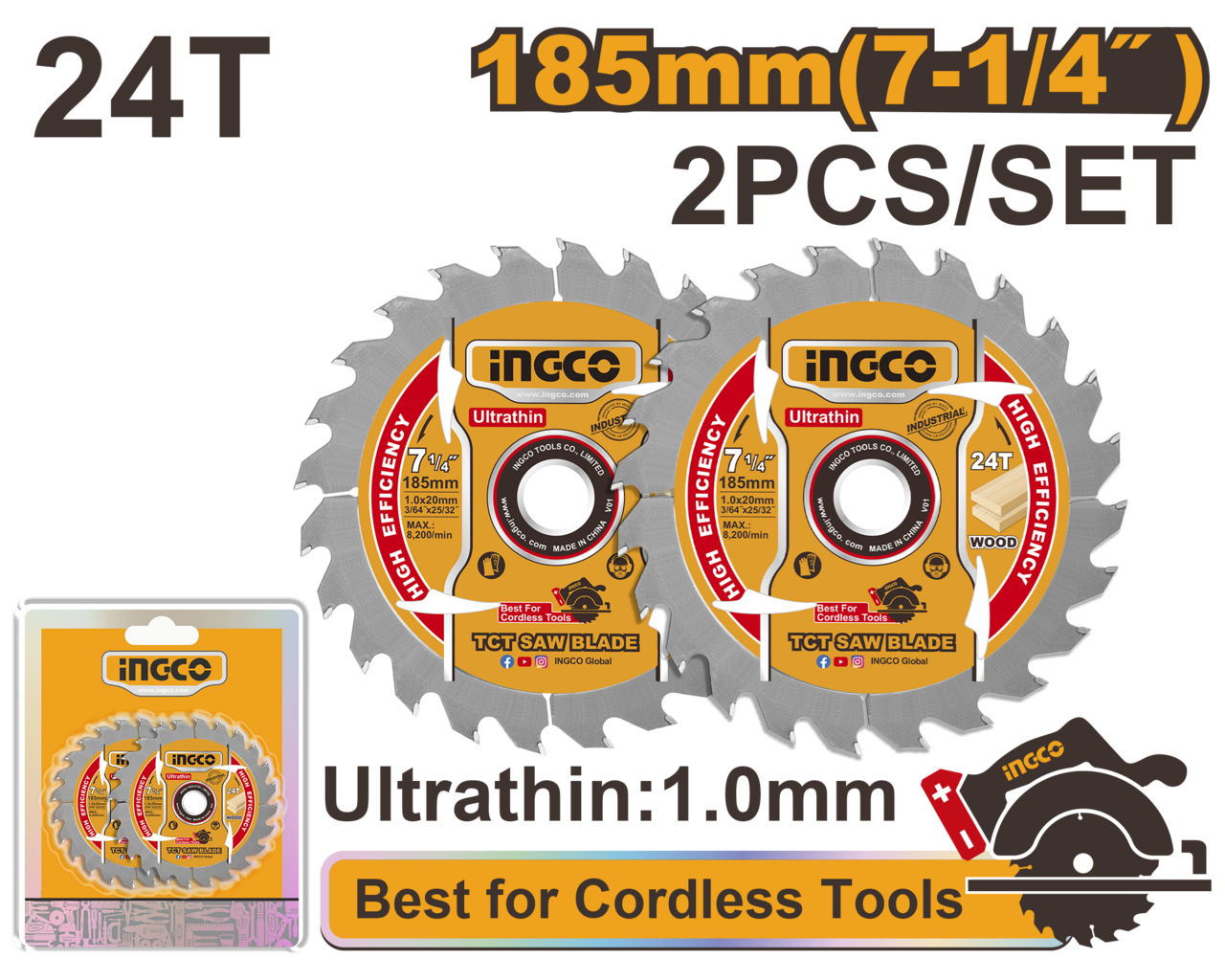 Ingco Ultra-thin TCT saw blade set 185mm 2Pcs