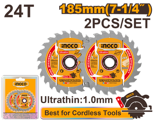 Ingco Ultra-thin TCT saw blade set 185mm 2Pcs