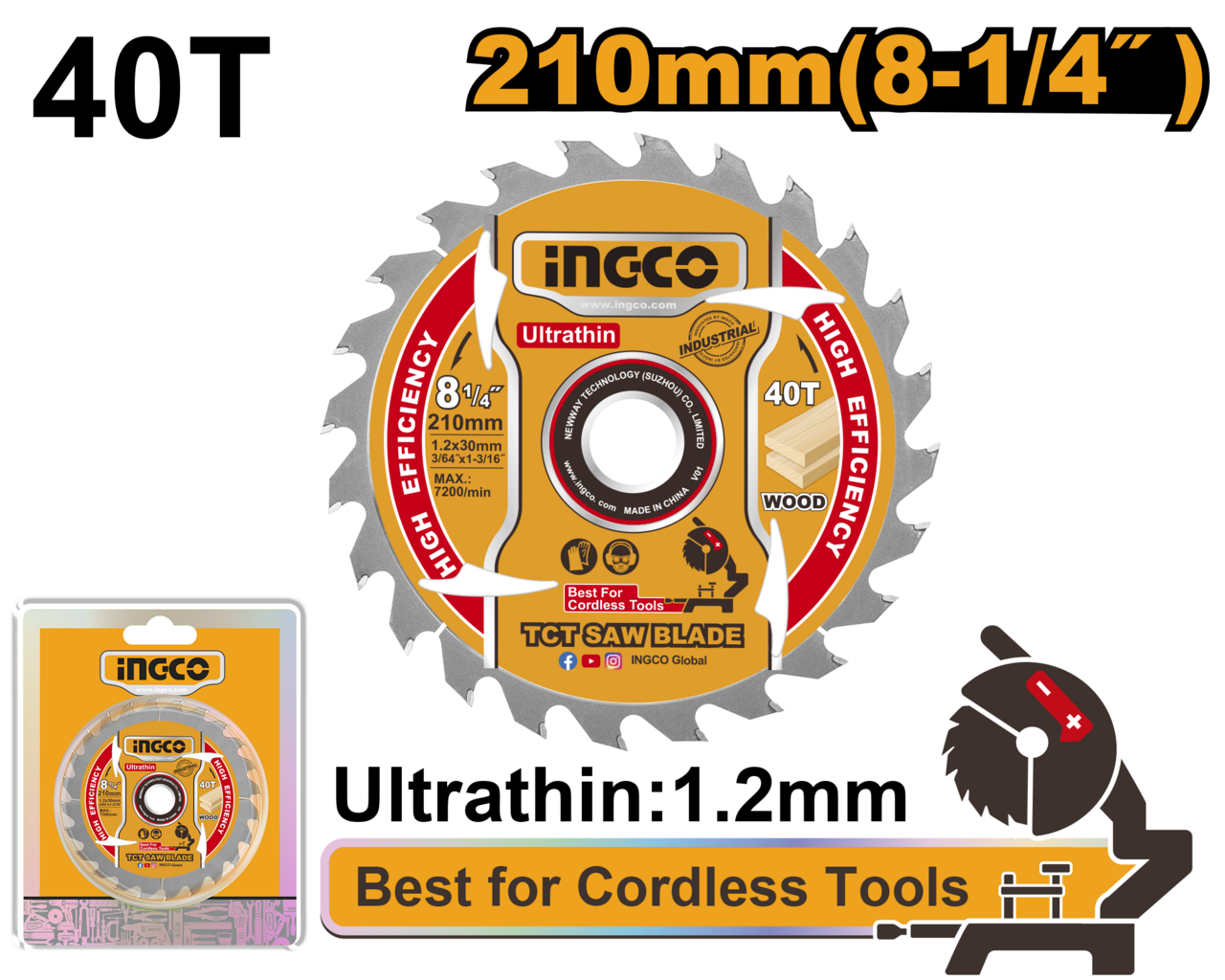 Ingco TCT Saw Blade 210mm 40T