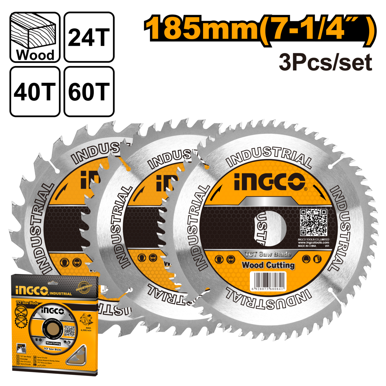 Ingco TCT Saw Blade Set 185mm 3Pcs Set