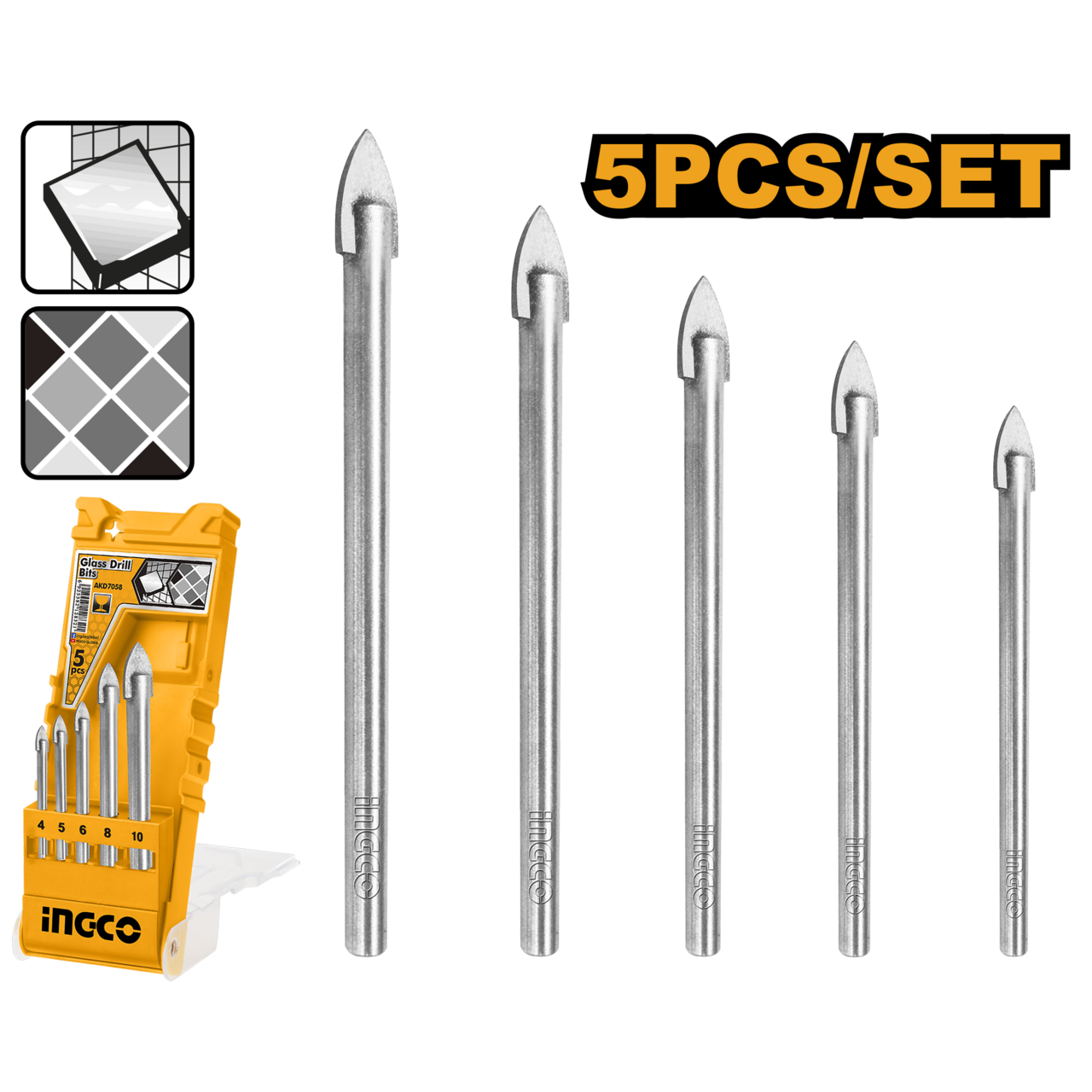 Ingco Glass Drill Bit Set 4mm - 10mm 5Pcs