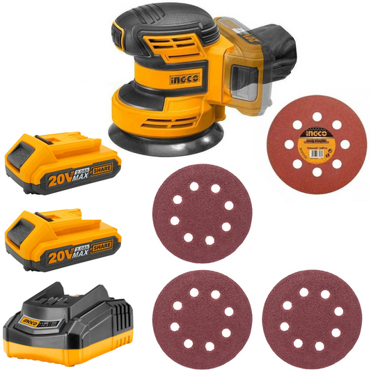 Ingco Random Orbit Sander Cordless Kit(Char. + 2x battery + Sanding discs)