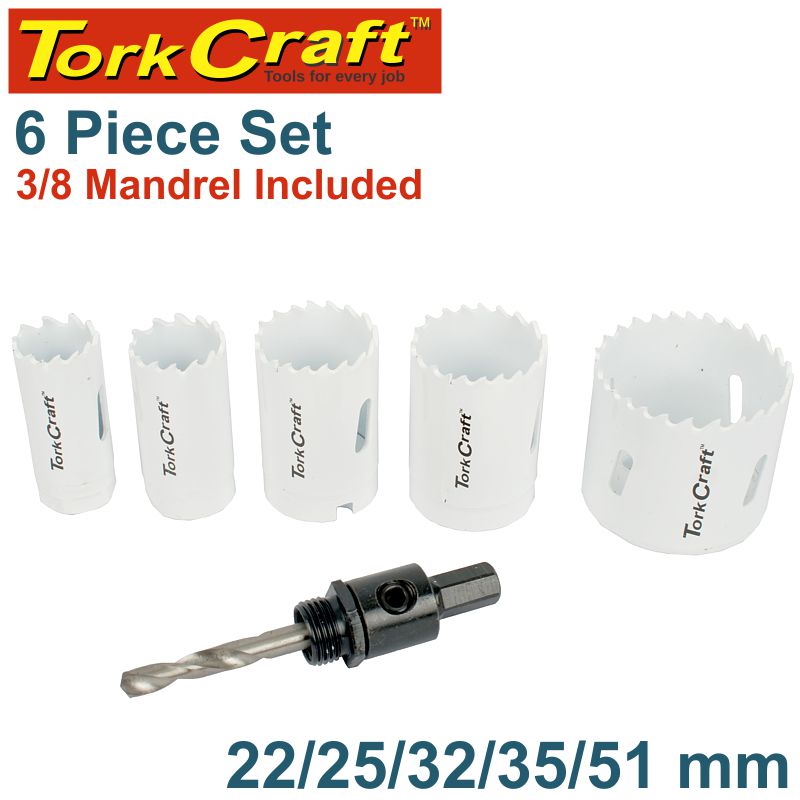 Hole Saw Set 6Pce Bi-Metal (22/25/32/35/51Mm & 3/8 Hex Mandrel) freeshipping - Africa Tool Distributors