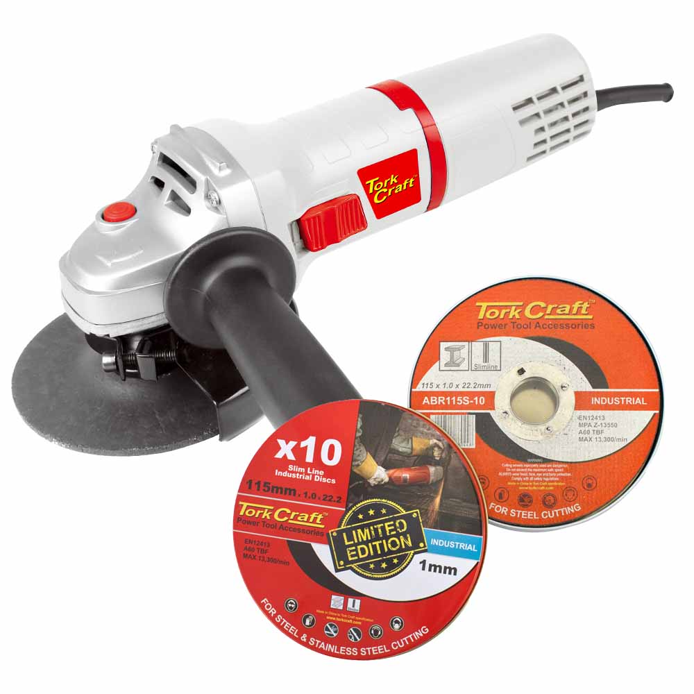 Tork Craft Angle Grinder 115Mm Tcag0115 C/W 10Pce 115Mm Cutting Disc Promo Tin